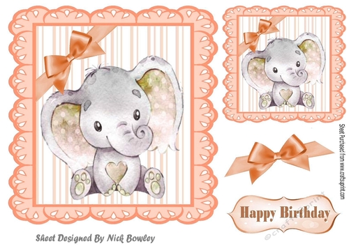 Cute watercolour Elephant with peach corner bow 7x7