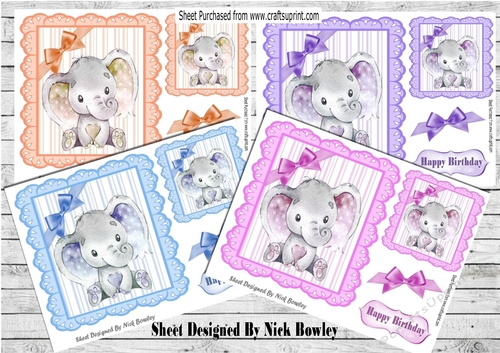  4 Cute watercolour Elephants with corner bows card fronts 7x7 mini kit