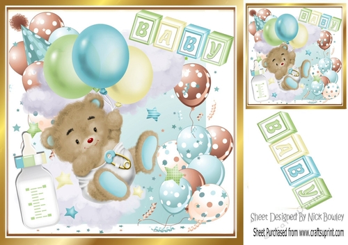 Cute baby teddy with blue balloons and bottle 8x8
