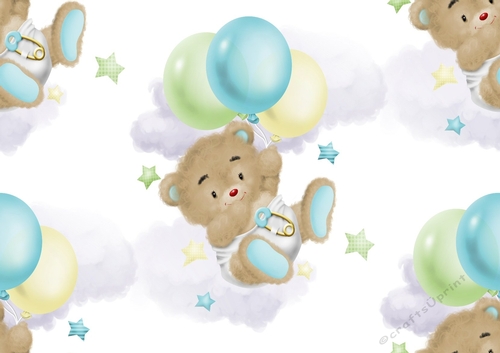 Cute baby teddy with blue balloons backing paper (big)