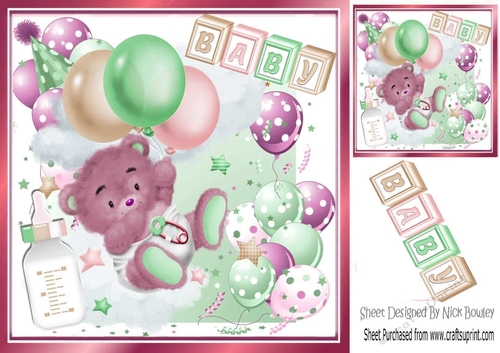 Cute pink baby teddy with balloons and bottle 8x8