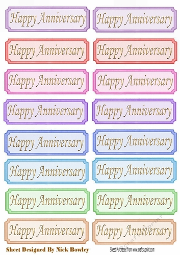 Happy Anniversary Tags  with gold script a variety of colours cut outs