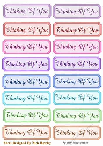 Thinking of you! Tags  with gold script a variety of colours cut outs
