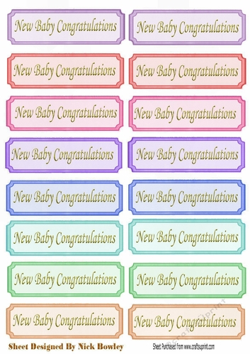 New Baby Congratulations Tags  with gold script a variety of colours cut outs