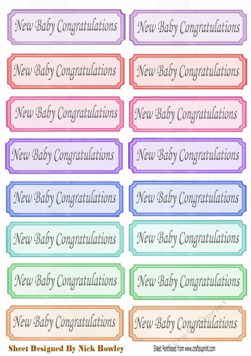 New Baby Congratulations Tags  with silver script a variety of colours cut outs