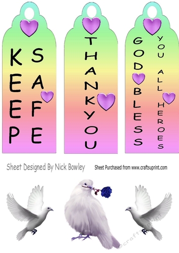 3 rainbow bookmarks with purple hearts of love and doves