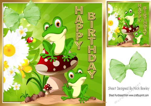 Cute frogs with mushroom with sunflowers and bow 8x8