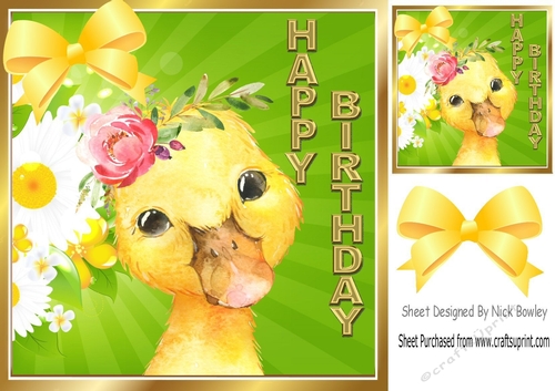 Cute yellow chick  with sunflowers and  yellow bow 8x8