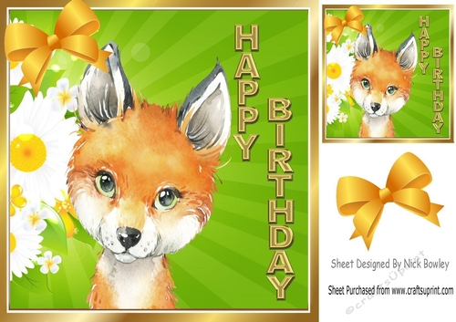 Cute red fox  with sunflowers and gold bow 8x8