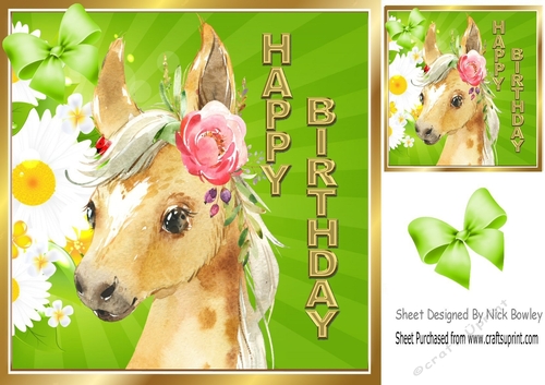 Cute horse  with sunflowers and green bow 8x8 
