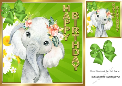Cute elephant  with sunflowers and green bow 8x8