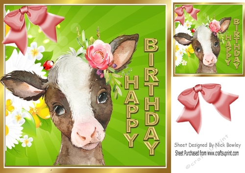 Cute cow with sunflowers and pink bow 8x8