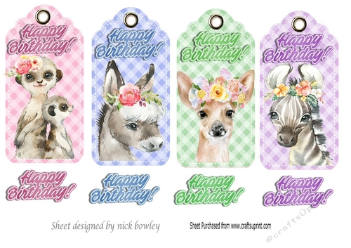 4 Lovely Gingham Tags with cute water colour animals (two)