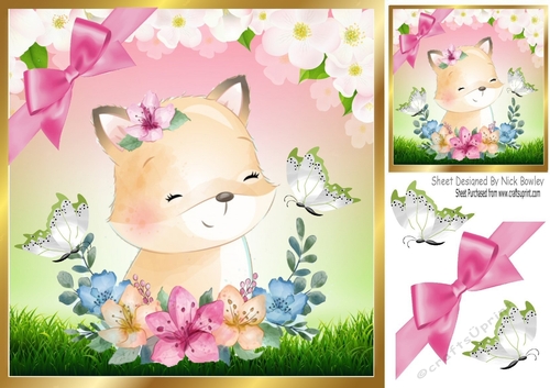 Pretty watercolour fox with butterflies in floral frame 8x8