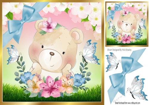 Pretty watercolour  teddy bear with butterflies in floral frame 8x8
