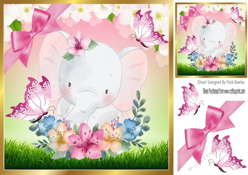 Pretty watercolour elephant with butterflies in floral frame 8x8