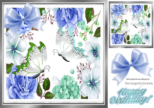Pretty  butterflies in floral blue and turq flowers frame 8x8