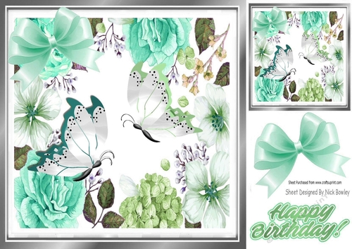 pretty turq and green  butterflies with flowers frame 8x8