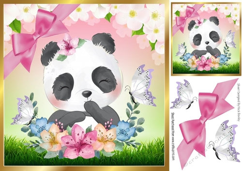 Pretty watercolour panda with butterflies in floral frame 8x8