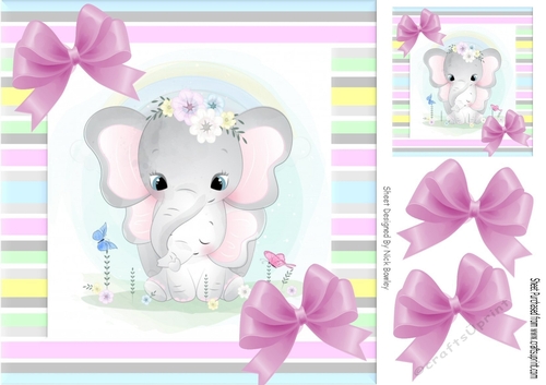 Cute mum ele with baby in candy stripe 8x8 frame with pink bows