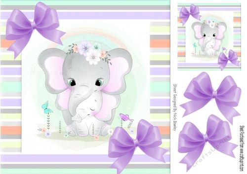 Cute mum ele with baby in candy stripe 8x8 frame with purple bows