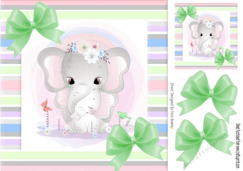 Cute mum ele with baby in candy stripe 8x8 frame with green bows