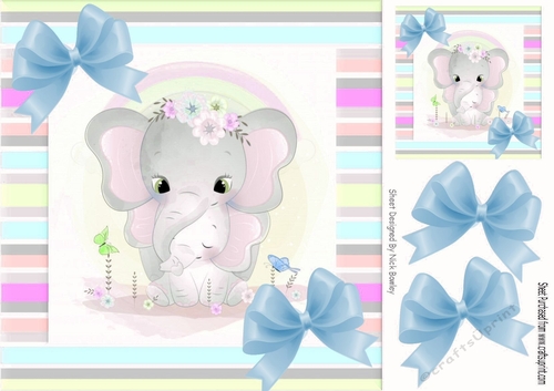Cute mum ele with baby in candy stripe 8x8 frame with blue bows