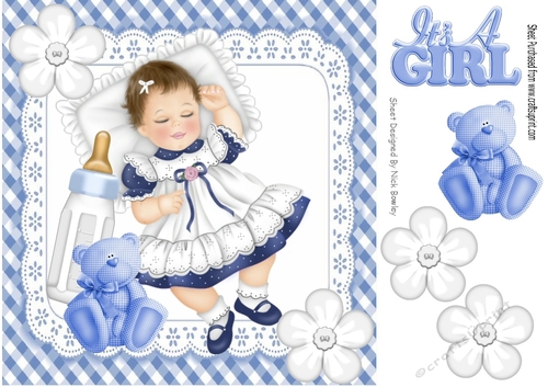 sleeping baby girl with her blue teddy and bottle in gingham lace frame 8x8