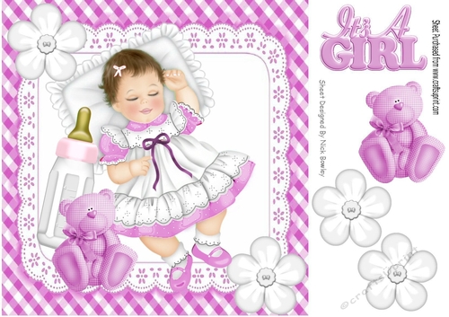 sleeping baby girl with her cerise pink teddy and bottle in gingham frame 8x8
