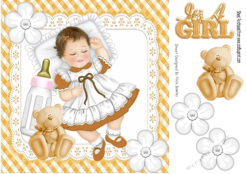 sleeping baby girl with her gold teddy and bottle in gingham lace frame 8x8