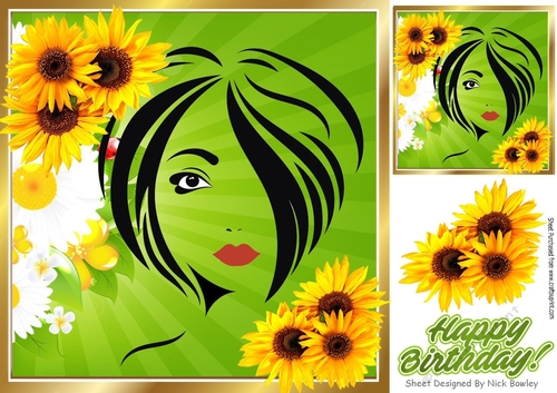 Modern Art Girl Green with sunflowers 8x8