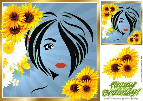 Modern Art Girl blue with sunflowers 8x8