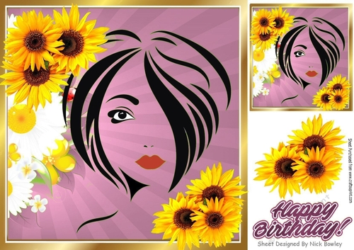 Modern Art Girl pink with sunflowers 8x8