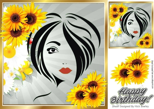 Modern Art Girl silver with sunflowers 8x8