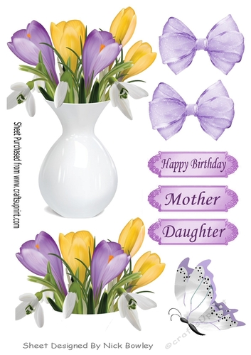 Pretty lilac/lemon Crocuses in a vase with bow cut outs