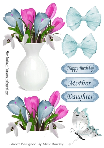 Pretty pink/blue Crocuses in a vase with bow cut outs