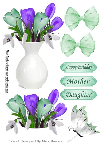 Pretty purple/turq Crocuses in a vase with bow cut outs