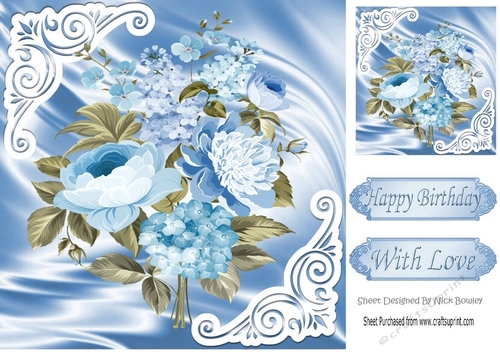 pretty blue flowers on satin with ornate corners 8x8