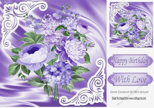 pretty purple flowers on satin with ornate corners 8x8