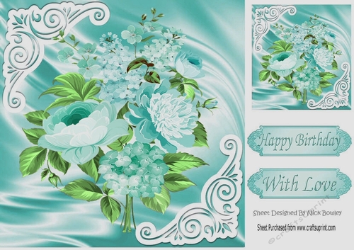 pretty turq flowers on satin with ornate corners 8x8