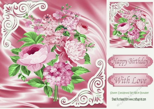 lovely pink flowers on satin with ornate corners 8x8