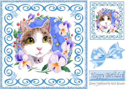 pretty watercolour cat with flowers 8x8