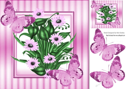 pretty pink striped 8x8 frame with flowers & butterflies