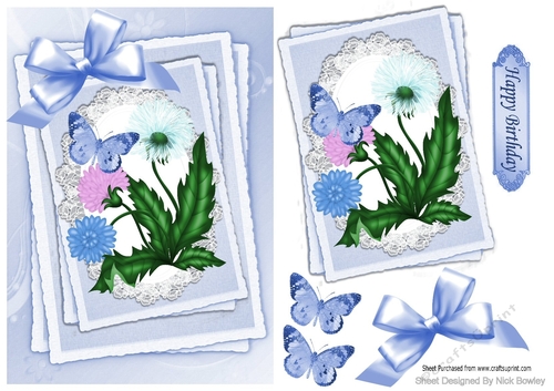 pretty flowers on lace with blue bow stackers A5