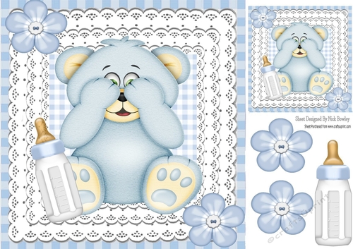 Cute blue peekaboo teddy bear on lace and gingham 8x8 frame