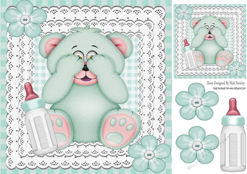 Cute turq peekaboo teddy bear on lace and gingham 8x8 frame
