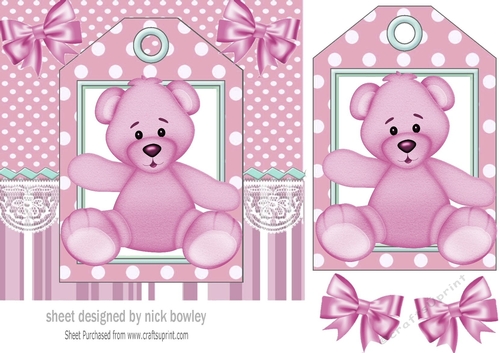 Cute pink teddy 7x7 with tag topper with bows