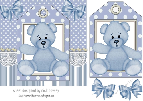 Cute blue teddy 7x7 with tag topper with bows