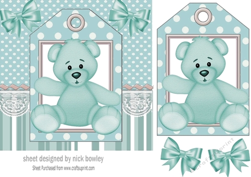 Cute turq teddy 7x7 with tag topper with bows