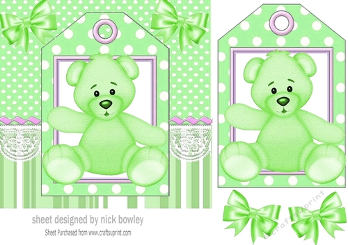 Cute green teddy 7x7 with tag topper with bows